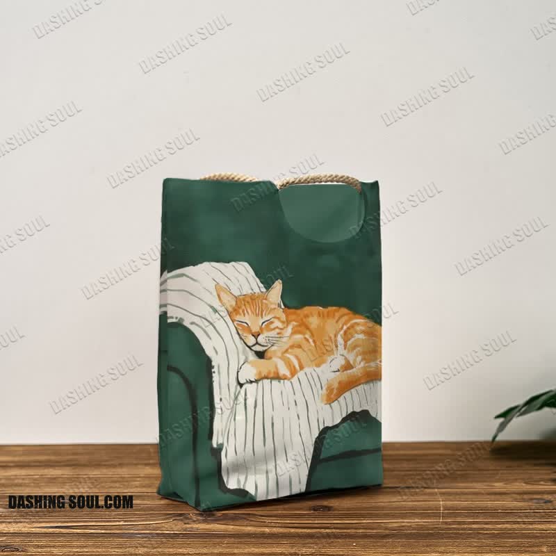 Cute Sleeping Cat Print Woven Handbag