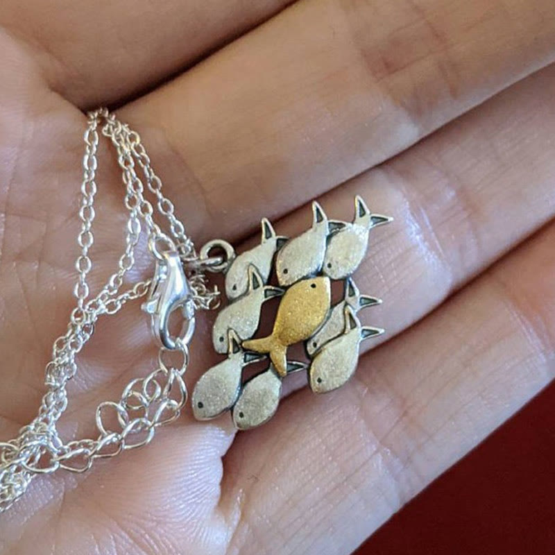 Dashingsoul School Of Fish With One Golden Enameled Fish Swimming Upstream Necklace