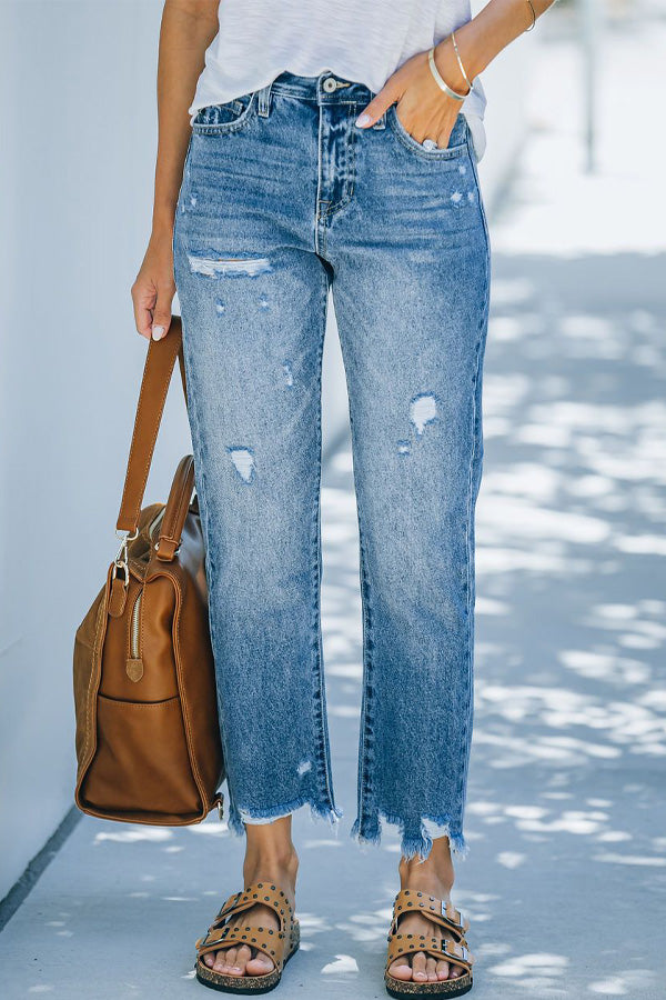 Wash Distressed Raw Hem Straight Leg Jeans