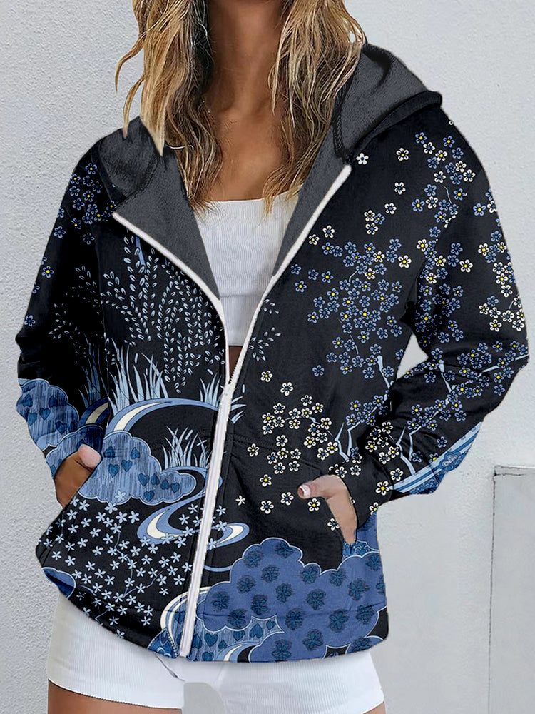 Japanese Traditional Pattern Print Zip Up Comfy Hoodie