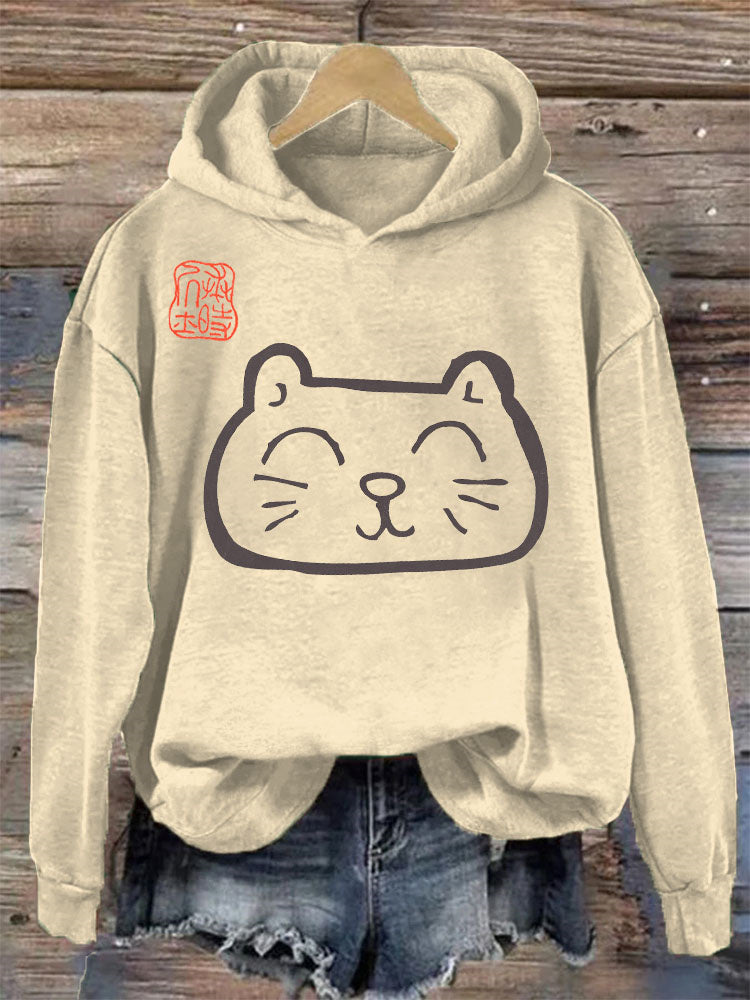Japanese Art Cat Print Vintage Hoodie