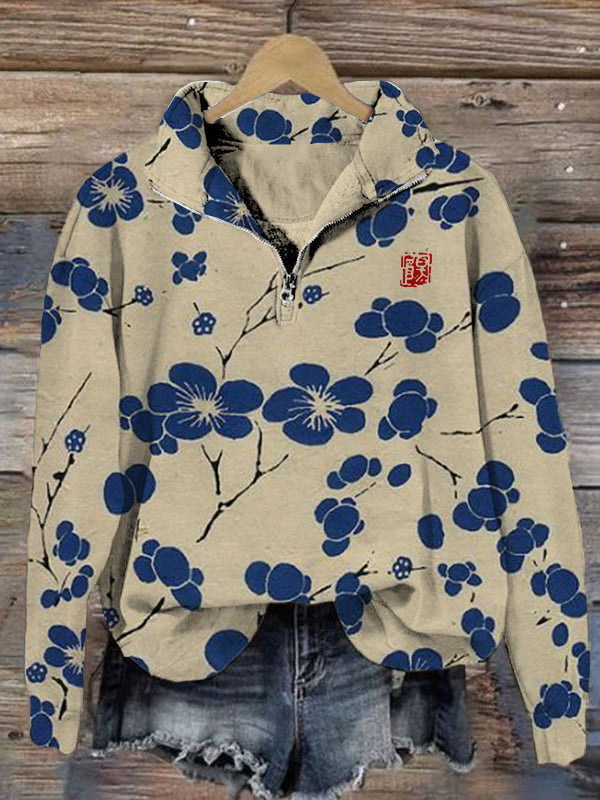 Cherry Blossom Japanese Lino Art Vintage Zip Up Sweatshirt