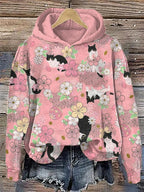 Cats and Plum Blossoms Print Cotton Cozy Hoodie