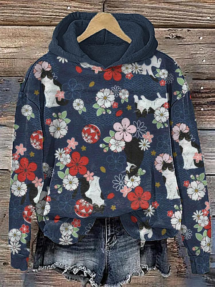 Cats and Plum Blossoms Print Cotton Cozy Hoodie